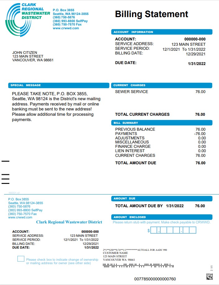 USA Washington Clark Regional Wastewater District utility bill, Word and PDF template